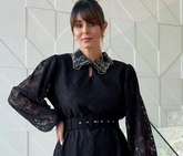 VESTIDO CURTO PRETO RENDA MANGA LONGA CONTRA FIO