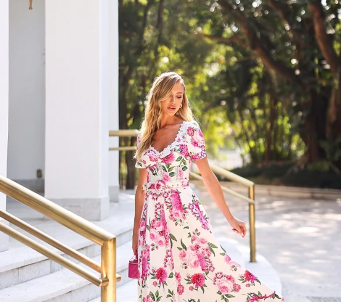 VESTIDO MIDI DE CREPE FLORAL ROSA DEI VENTI FLORAL