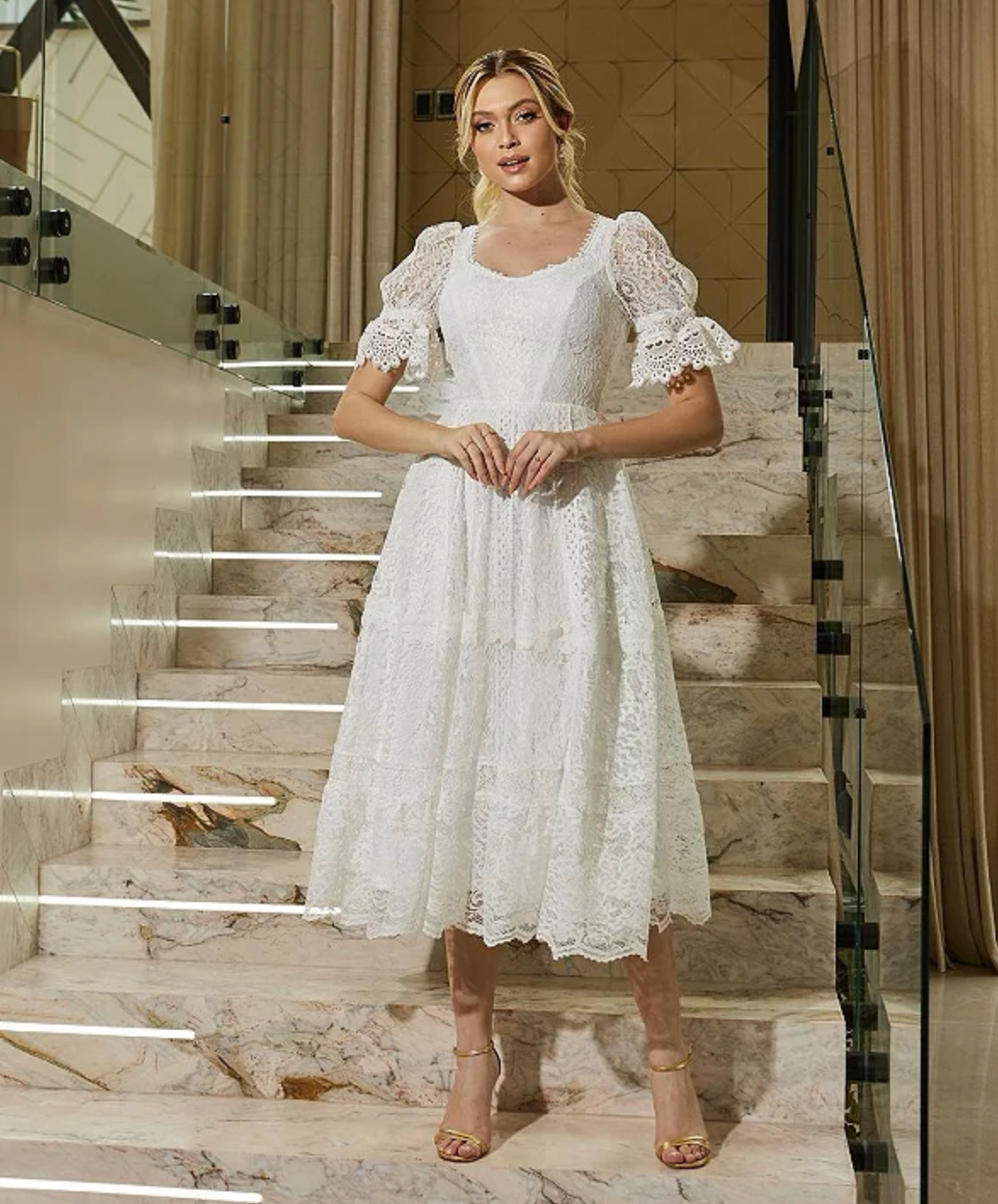 VESTIDO MIDI NOIVINHA COM MANGUINHA BUFANTE DOCE MARIA