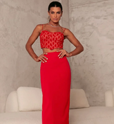 CONJUNTO SAIA DE COURO E COURO DE RENDA AMOUR VERMELHO LIMONADA PINK