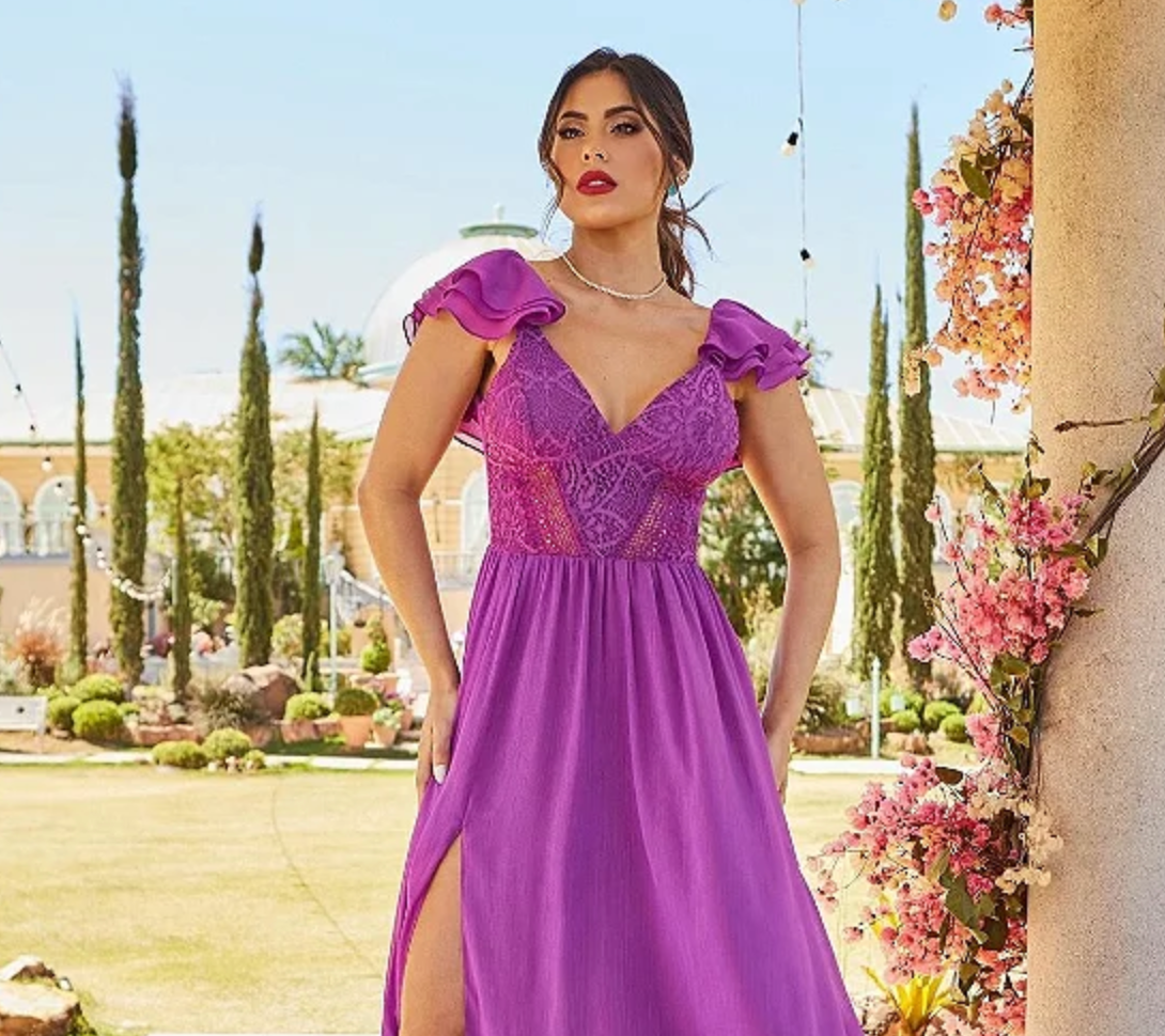 VESTIDO LONGO EM CHIFFON DE SEDA E GUIPIR DOCE MARIA