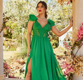 VESTIDO LONGO EM CHIFFON DE SEDA E GUIPIR DOCE MARIA
